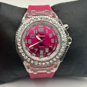 Geneva Platinum Crystal Bezel Pink Women’s Watch, Working New Battery